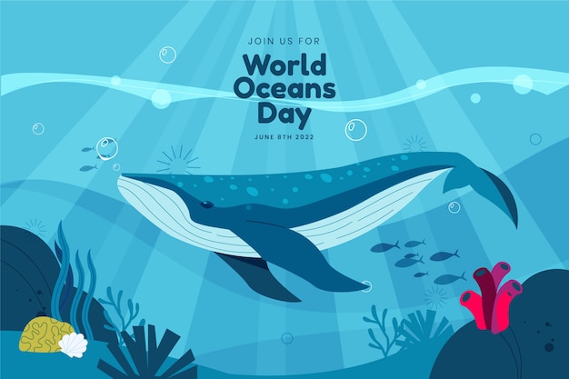 Fondo del día mundial de los océanos dibujado a mano con ballena