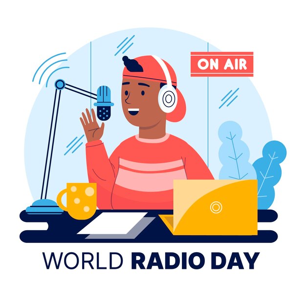 Fondo del día mundial de la radio dibujado a mano plana con personaje