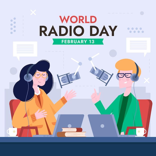 Fondo del día mundial de la radio en diseño plano con personajes