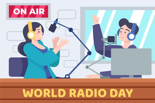 Vector gratuito fondo del día mundial de la radio en diseño plano con personajes