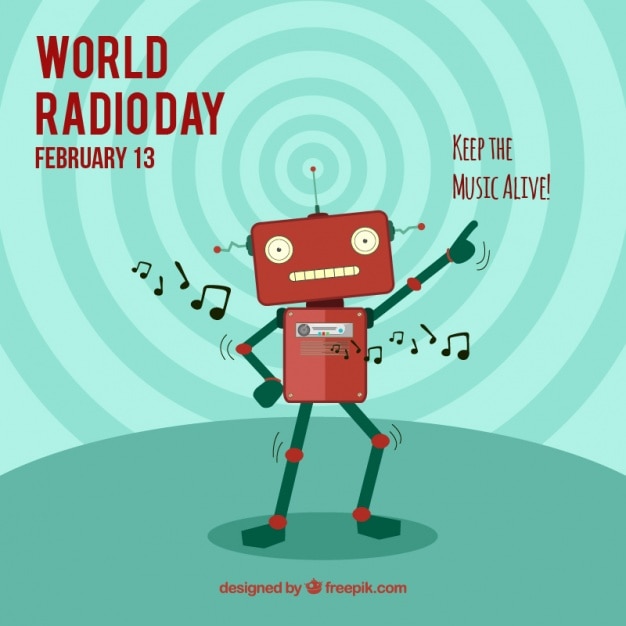 Vector gratuito fondo del día mundial de la radio con robot bailando