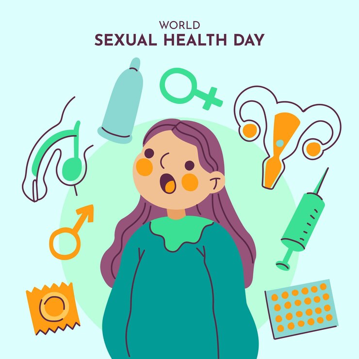 Vector gratuito fondo del día mundial de la salud sexual con mujer y elementos
