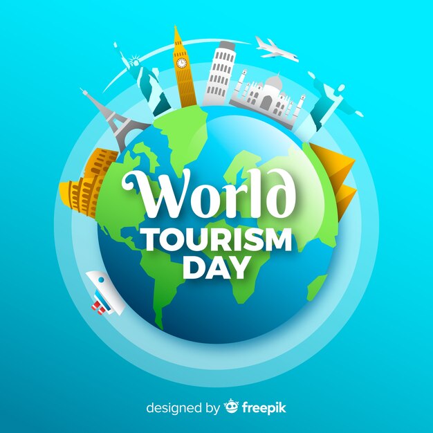 Fondo del día mundial del turismo con monumentos alrededor del mundo