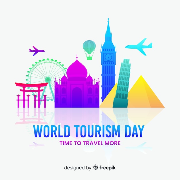 Fondo del día mundial del turismo con monumentos y transportes