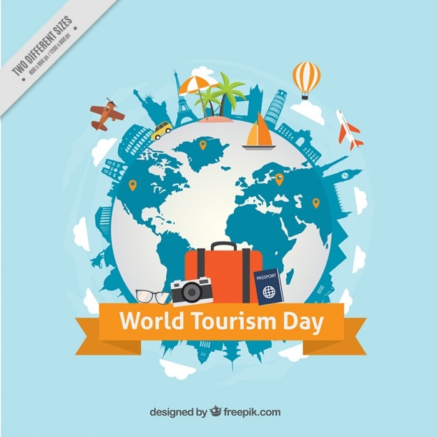 Fondo del Día Mundial del Turismo con el mundo y los monumentos