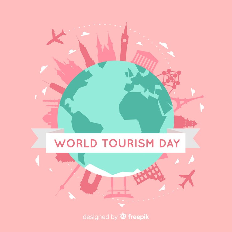 Vector gratuito fondo del día mundial del turismo con el mundo y los monumentos