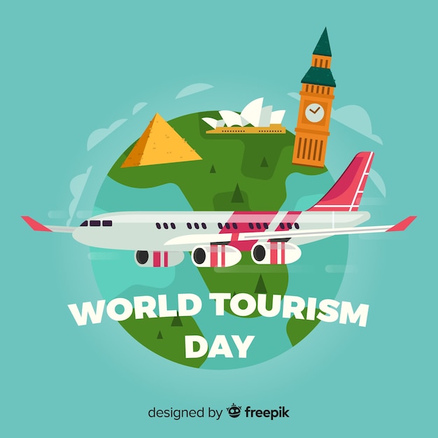 Fondo de día mundial del turismo con mundo y monumentos