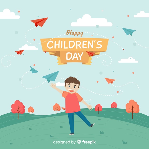 Fondo de día del niño con niño volando aviones de papel