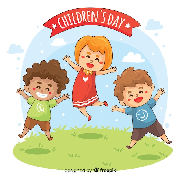 Vector gratuito fondo día del niño personajes saltando dibujos animados