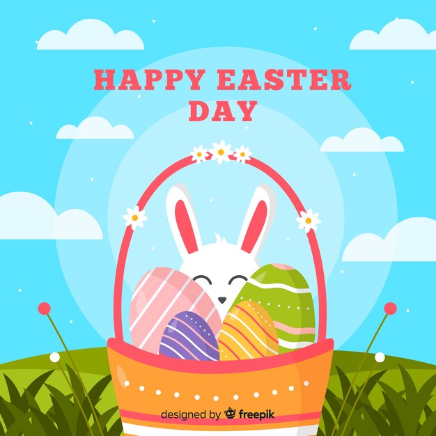 Fondo día de pascua conejo escondido detrás de cesta de huevos