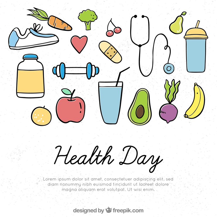 Vector gratuito fondo de día de la salud con comida saludable en estilo hecho a mano