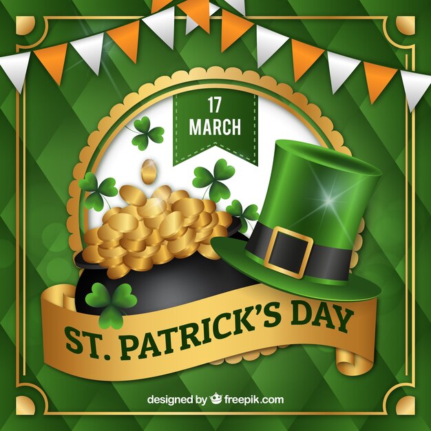 Vector gratuito fondo del día de san patricio con monedas y sombrero en estilo realista