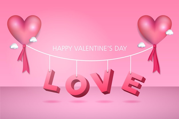 Fondo del día de san valentín decorado con globo y tipografía 3D de palabra de amor