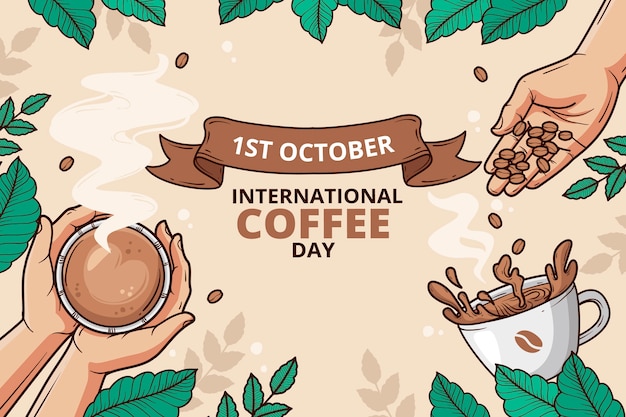 Vector gratuito fondo dibujado a mano para la celebración del día internacional del café