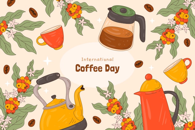 Vector gratuito fondo dibujado a mano para la celebración del día mundial del café