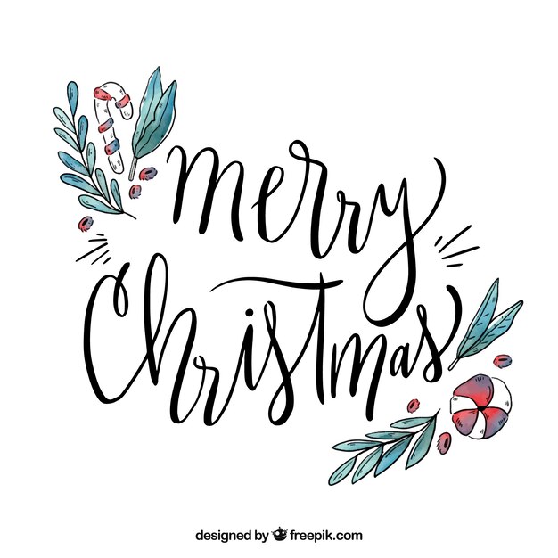 Fondo dibujado a mano con decoraciones navideñas y letras caligráficas