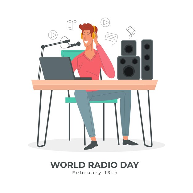 Fondo dibujado a mano del día mundial de la radio con presentador