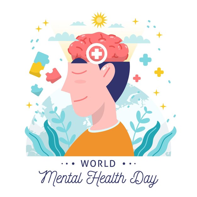 Fondo dibujado a mano día mundial de la salud mental con cabeza y signos más