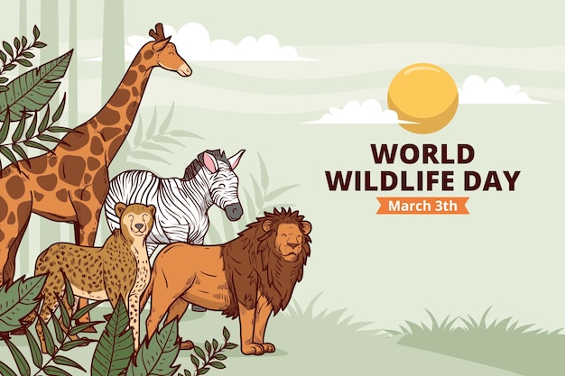 Fondo dibujado a mano para el día mundial de la vida silvestre con flora y fauna