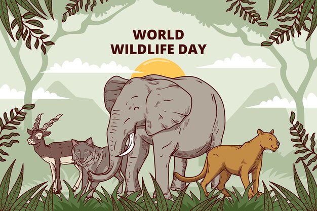 Fondo dibujado a mano para el día mundial de la vida silvestre con flora y fauna