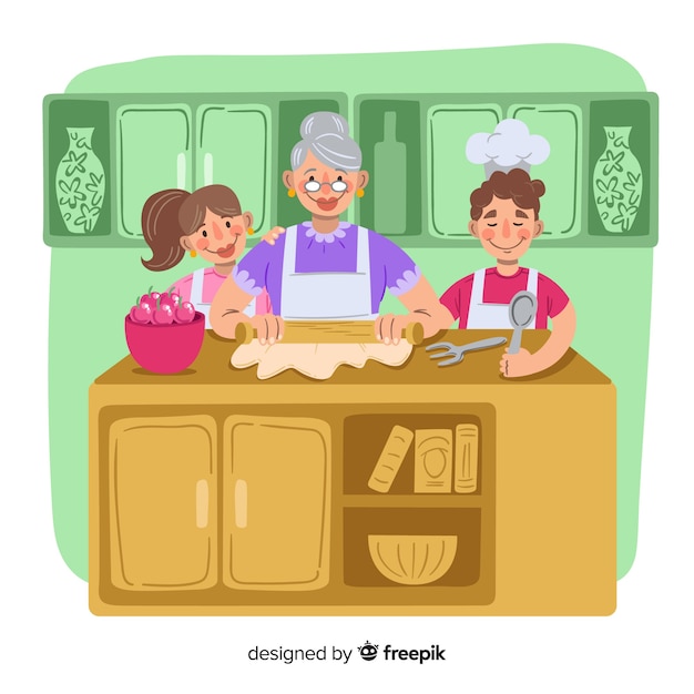 Vector gratuito fondo dibujado a mano familia cocinando