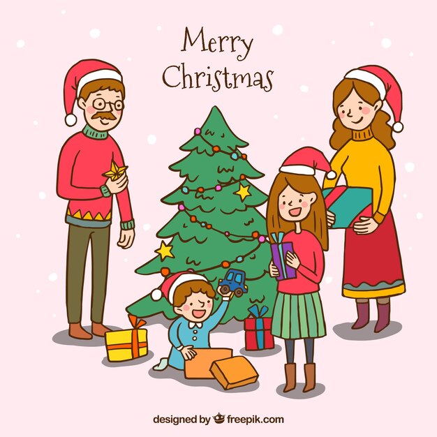 Fondo dibujado a mano con una familia en una mañana de navidad