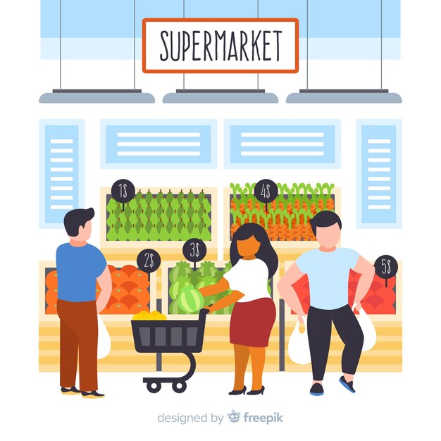 Fondo dibujado a mano gente comprando en el supermercado