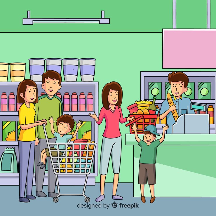 Vector gratuito fondo dibujado a mano gente comprando en el supermercado