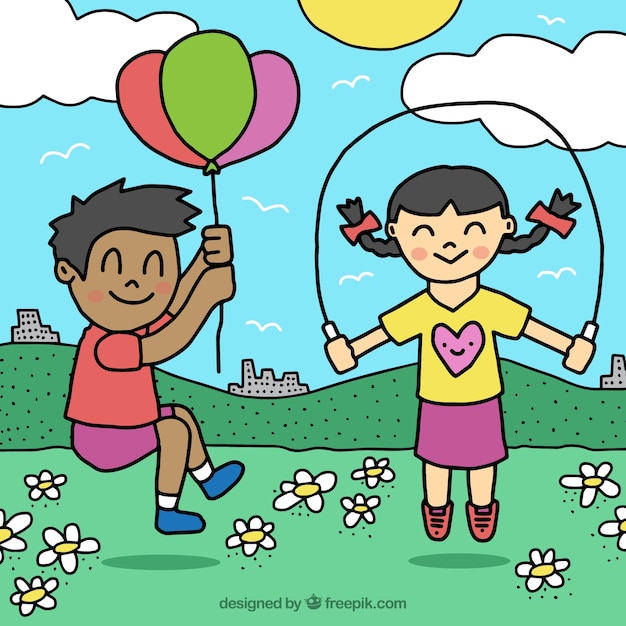 Fondo dibujado a mano de niños jugando al aire libre