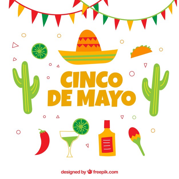 Fondo dibujado a mano con objetos decorativos para el cinco de mayo