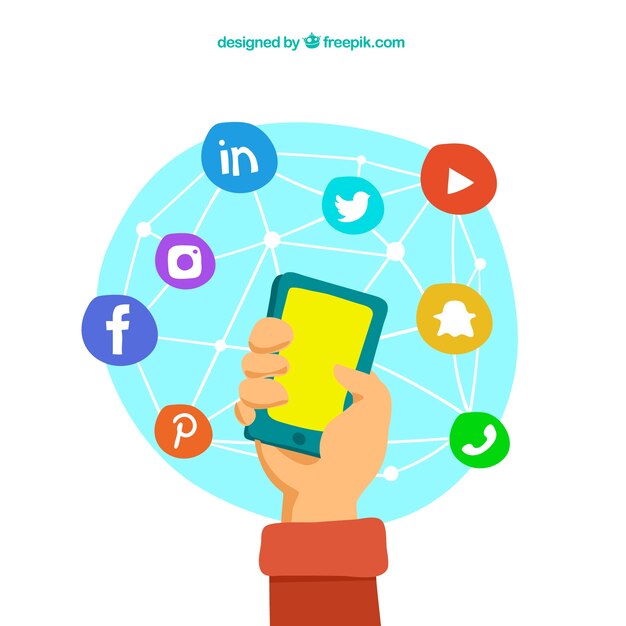 Fondo dibujado a mano con teléfono móvil rodeado de iconos de redes sociales