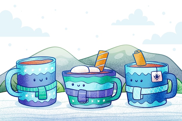 Fondo dibujado a mano para la temporada de invierno con bebidas en tazas