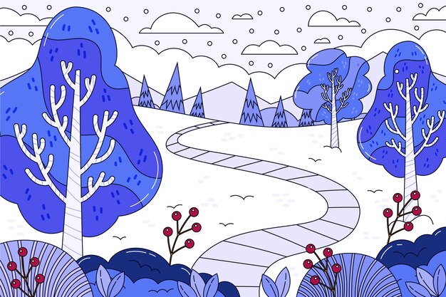 Fondo dibujado a mano para la temporada de invierno con camino y árboles