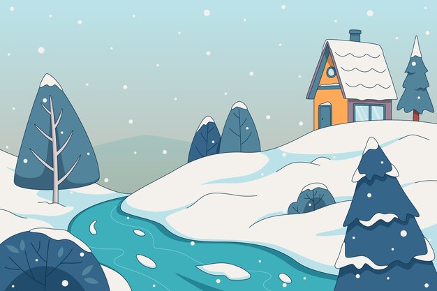 Fondo dibujado a mano para la temporada de invierno con casa y nieve