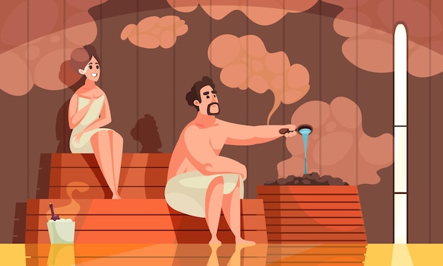 Fondo de dibujos animados de baño con pareja humeando juntos en la ilustración de vector plano de baño de vapor
