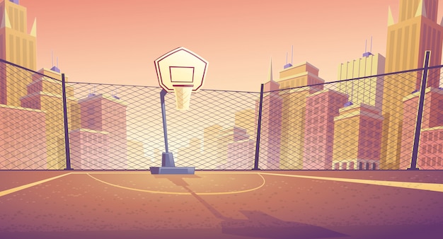 Fondo de dibujos animados de la cancha de baloncesto en la ciudad. cancha deportiva al aire libre con canasta para juego.