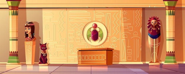 Vector gratuito fondo de dibujos animados egipcios. tumba interior - busto de reina, faraón sarcófago