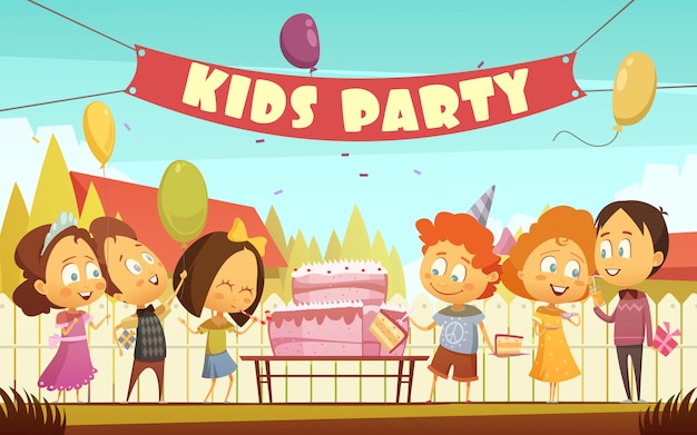Fondo de dibujos animados de fiesta infantil con divertida compañía de niños.