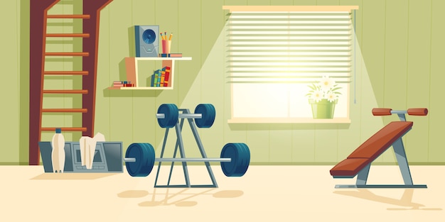 Vector gratuito fondo de dibujos animados de gimnasio en casa con ventana