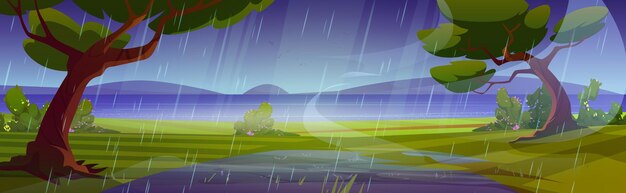 Fondo de dibujos animados de paisaje de naturaleza de lluvia de verano