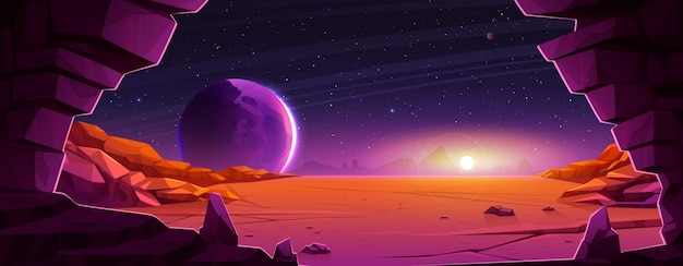 Fondo de dibujos animados de paisaje de planeta rojo alienígena