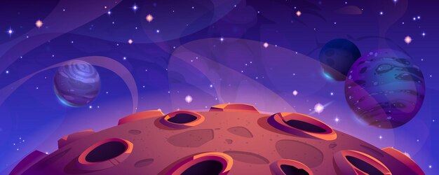 Fondo de dibujos animados de planeta de vector de galaxia espacial Ilustración de universo de cosmos de fantasía con cráter de luna y textura de satélite abstracto Tierra de asteroides rojos en la noche para viajar con el concepto de misión solar
