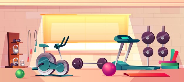 Fondo de dibujos animados vector de gimnasio con ventana grande