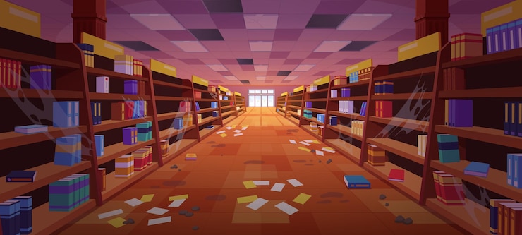 Vector gratuito fondo de dibujos animados de vector de tienda de libros abandonados