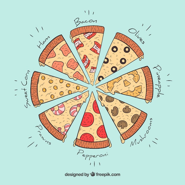 Fondo de diferentes trozos de pizzas dibujados a mano