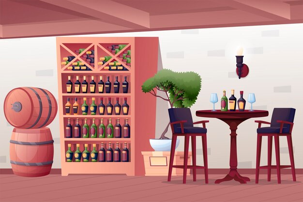 Fondo de diseño interior de la tienda de alcohol Tienda de vinos con mesa de bar para degustación con estantes de vasos con botellas barriles mostrador con computadora