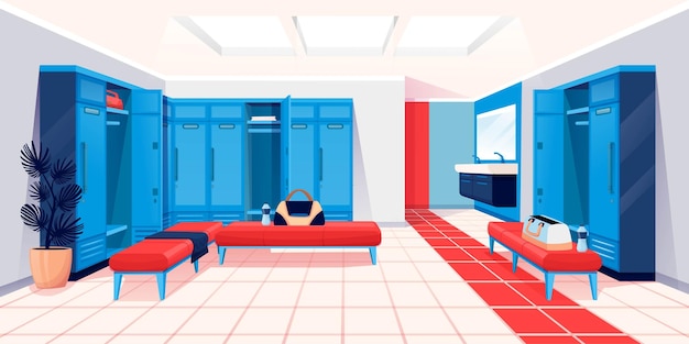 Vector gratuito fondo de diseño de interiores de vestuario moderno habitación para cambiarse de ropa para hacer ejercicio físico y deportivo en un lugar privado de gimnasio con casilleros, bancos, lavabos, bolsas de espejo