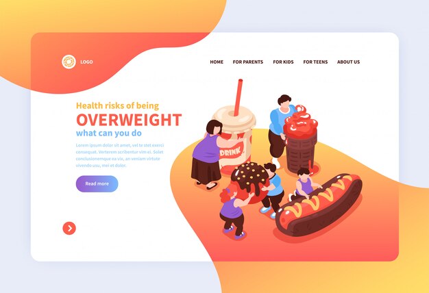 Fondo de diseño de página web de glotonería en exceso isométrica con imágenes de enlaces de personas de alimentos dañinos e ilustración de texto