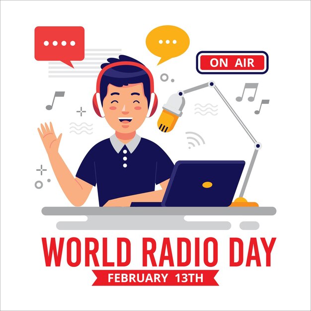 Vector gratuito fondo de diseño plano día mundial de la radio con hombre