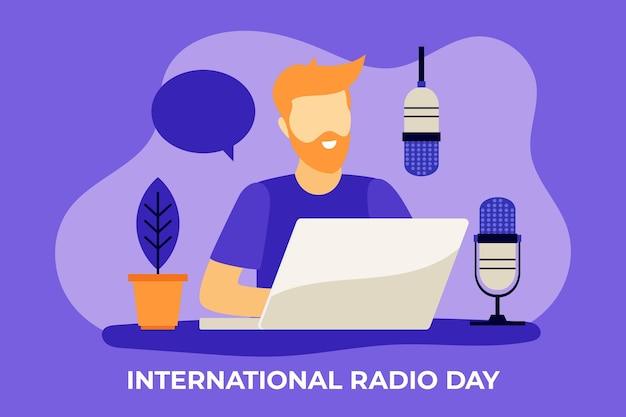 Vector gratuito fondo de diseño plano del día mundial de la radio con hombre